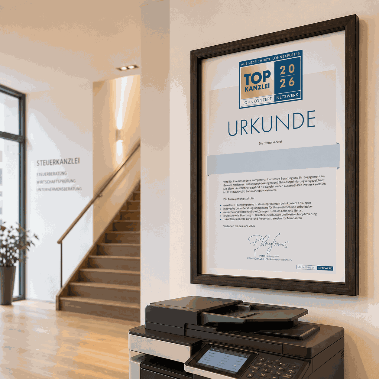 Gerahmte Urkunde „Ausgezeichnete Lohnexperten 2026" an der Wand einer Steuerkanzlei, über einem Kopierer neben dem Treppenaufgang