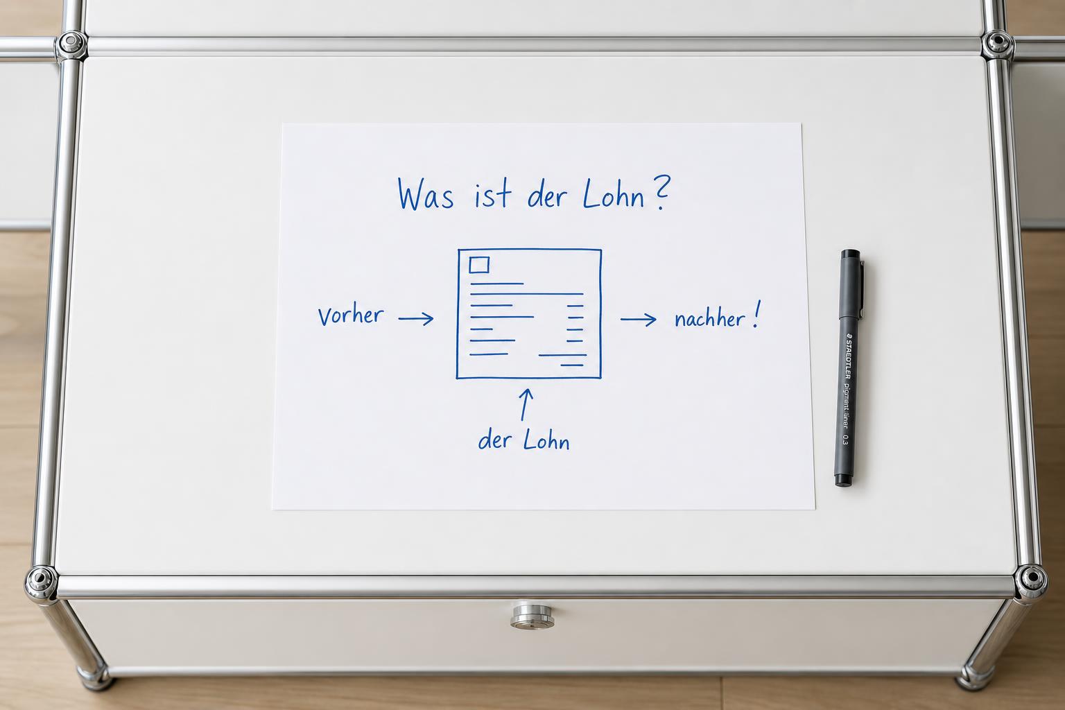 Skizze auf einem Schreibtisch: Was ist der Lohn? Vorher – der Lohn – Nachher